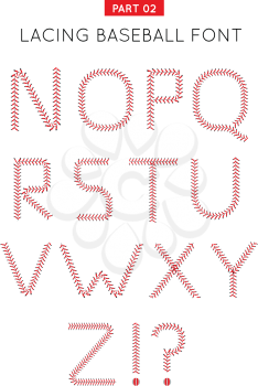 Baseball font made from baseball ball lacing along the contours of the letters. Vector illustration isolated on white background. Part 02