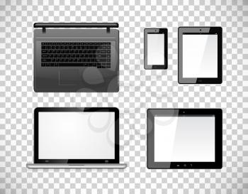 Laptop, tablet pc computer and mobile smartphone with a blank screen. Isolated on a checkered transparency background. Vector illustration