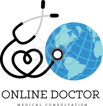 Sign in the form of a stethoscope in the shape of the heart and globe. Can be used as a logo for online medicine, telemedicine or earth day. Vector illustration