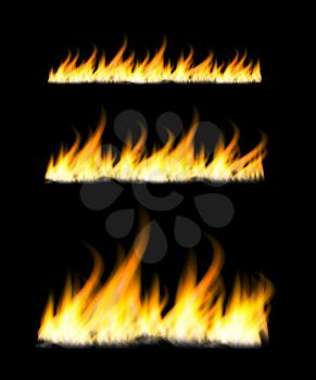 Fiery flames on a dark background. Fire bonfire. Vector realistic illustration