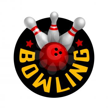 Bowling sign with ball and pins in a round shape. Vector illustration on white background