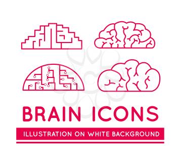 Icons of brains in different styles. Vector illustration on white background