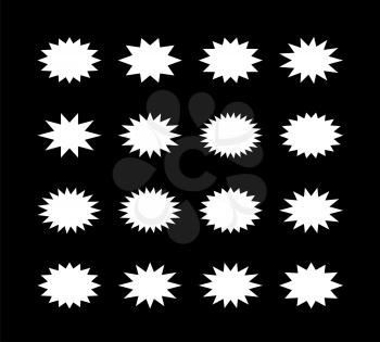 Starburst speech bubble set oval shape. A set of stars with different number of rays. Vector illustration on black