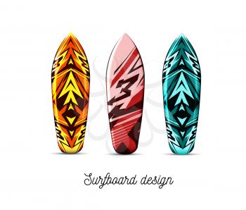 Set of designs for surfer boards on a white background. Vector isolated illustration. Hawaiian style