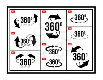 A set of signs 360 degrees in different versions. 3d arrows rotating. Black and white signs symbols set. Vector illustration