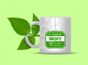 Mug with mint leaves on a white background. Vector illustration on light green background