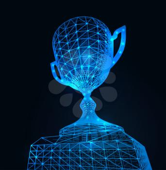 Winning award cup with polygonal grid on dark background. Vector illustration. Wide angle perspective.