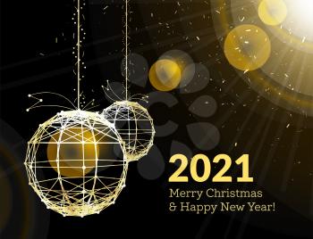 New Year's Christmas balls, on luminous golden ribbons, in the style of art deco. Geometric golden spheres, in the form of points connected by lines with glitters. Gold on dark style. Vector illustration
