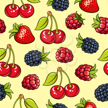 Seamless background with strawberry, blackberry, raspberry, cherry. Garden berries on yellow backdrop. It can be use as a pattern for fabric, web page background