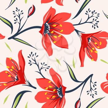 Floral seamless background with red wildflowers. Use for fabric design, pattern fills and decorating greeting cards or invitations