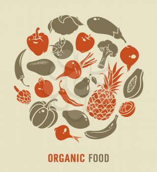 Organic food vector illustration with silhouettes of vegetables and fruits 