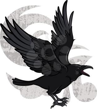 Black raven. This vector illustration can be used as a print on T-shirts, tattoo element or other uses