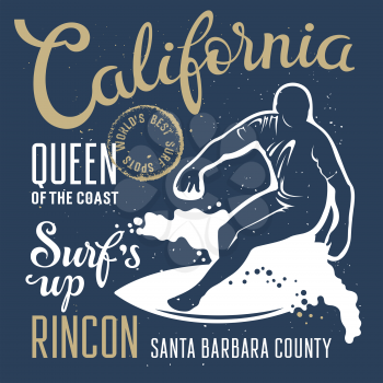 Surfing artwork. Surf's up. Rincon California. T-shirt apparel print graphics. Original graphics Tee