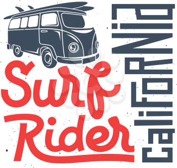 Surfing artwork. Surf California textured lettering. T-shirt apparel print graphics. Original graphic Tee