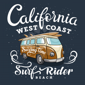 Surfing artwork with a hippie van. California West Coast. Surfrider beach. T-shirt apparel print graphics. Original graphic Tee