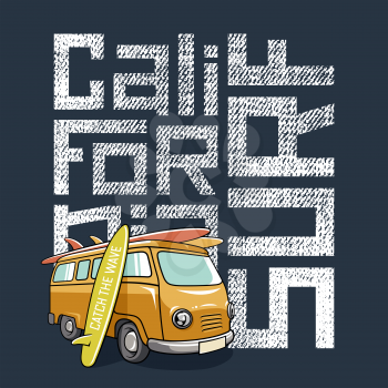 Surfing artwork with a hippie van and surfboards. Surf California textured lettering. T-shirt apparel print graphics. Original graphic Tee