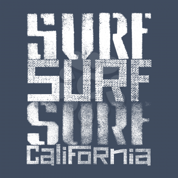 Surfing artwork. Surf California textured lettering. T-shirt apparel print graphics. Original graphic Tee