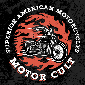 Classic chopper motorcycle with fire flame. T-shirt print graphics. Superior american motorcycles. Motor cult. Grunge texture on a separate layer