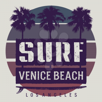 Surfing artwork. Los Angeles California T-shirt apparel print graphics. Vintage graphic Tee