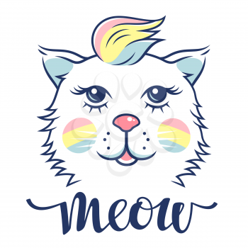 Cute cat for childish t-shirt design. Cute kitten vector illustration in rainbow colors