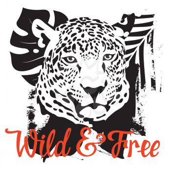 T-shirt and apparel design with a leopard head, Wild and Free calligraphic inscription and tropical leaves. Graphic tee concept
