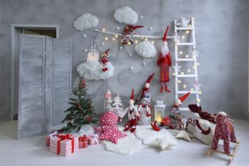 Beautiful New Year's decor for children. Clouds, Ladder, Christmas Tree, Gifts and Gnomes.