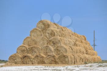 Big haystack from round bales laid in the form of a pyramid