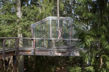 Tourist girl runs on a wooden bridge with entertainment, transparent floor on a bridge in the German forest