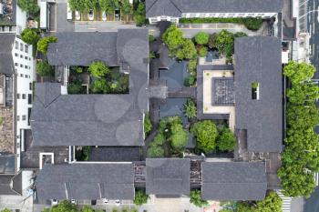 Aerial of Ancient traditional garden, aerial in Suzhou, China.