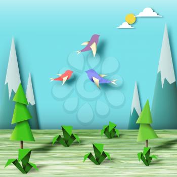 Paper Origami Scene with Kids Art Landscape, Geometric Paper Figures, Colorful Decorative Baby Toys, Amazing Origami Style, Template for Banner, Card, Poster, Unusual Vector Illustration Art Design