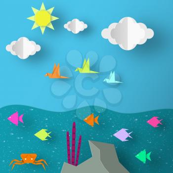 Underwater Paper Word. Undersea Life with Cut Fishes, Crab, Coral, Clouds, Sun.  Over the Sea Flying Birds. Summer Landscape. Cutout Abstract Applique. Vector Illustrations Art Design.