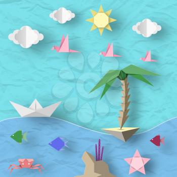 Crafted Ship, Island, Birds, Clouds, Sun and Underwater Animals. Style Paper Origami Word. Cut Elements and Symbols for Travel. Summer Landscape. Cutout Abstract Made. Vector Illustrations Art Design.