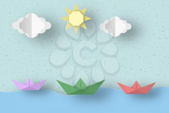 Cut Ships, Clouds, Sun for Paper Origami Concept, Applique Scene. Childish Cutout Template with Elements, Symbols. Toy Landscape for Card, Poster. Vector Illustrations Art Design.