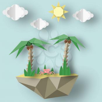 Summer Origami Art Applique. Paper Crafted Cutout World. Composition with Style Elements and Symbols for Summertime. Decoration  Template for Banner, Card, Logo, Poster. Design Vector Illustrations.