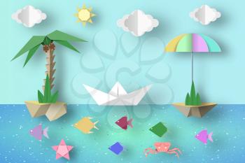 Summer Origami Fun Art Applique. Paper Crafted Cutout World. Composition with Style Elements and Symbols for Landscape. Decoration Template for Banner, Card, Logo, Poster. Design Vector Illustrations.