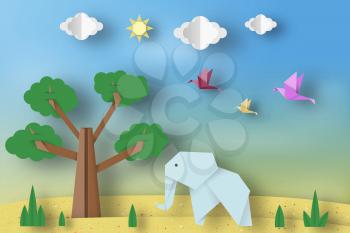 Paper Origami Concept, Applique Scene with Cut Elephants, Birds, Tree, Clouds, Sun. Childish Cutout Template with Elements, Symbols. Toy Landscape for Card, Poster. Vector Illustrations Art Design.