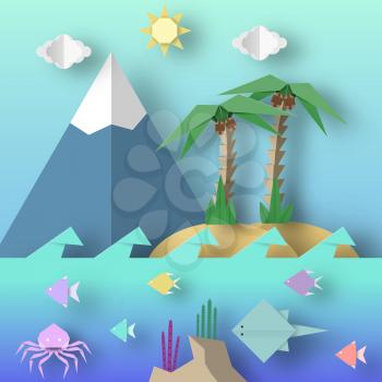 Origami Style Crafted out of Paper with Cut Palm, Mountain, Fish, Sun, Clouds. Abstract Scene Underwater Life. Template Under the Water Cutout Elements, Symbols. Vector Illustrations Art Design.