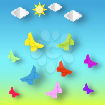 Origami Style Crafted out of Paper with Cut Colorful Butterflies. Abstract Scene Flying Insects. Template with Cutout Elements, Symbols. Summer Landscape for Cards. Vector Illustrations Art Design.