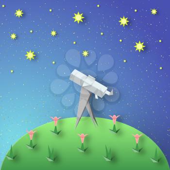 Paper Origami Abstract Concept, Applique Scene with Cut Telescope and Stars. Observation Through a Spyglass. Kids Cutout Template with Elements, Symbols for Cards. Vector Illustrations Art Design.