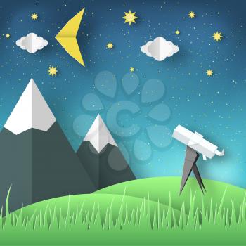 Paper Origami Abstract Concept, Applique Scene with Cut Telescope and Stars. Observation Through a Spyglass. Astronomy Cutout Template with Elements, Symbols for Card. Vector Illustrations Art Design.