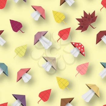Autumn Origami Pattern with Leaves and Mushrooms. Crafted Abstract Paper Seamless Background. Beautiful Texture with Cut Elements. Quality Cutout Backdrop. Vector Illustrations Art Design.