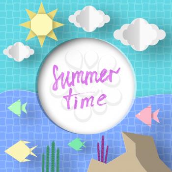 Summer Time. Paper Applique Elements and Symbols with Text illustrate the Greeting of the Summertime. Trendy Background. Template for Banner, Card, Logo, Poster. Art Design Vector Illustrations.