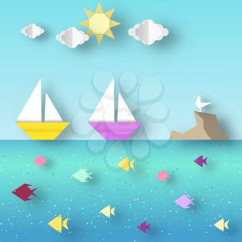 Fashion Papercut Style. Paper Origami Landscape with Ship Sails Past the Reef with a Seagull. Cut Seascape. Cutout Trend. Kids Gull, Ship, Fish, Clouds, Sun. Vector Graphics Illustrations Art Design.