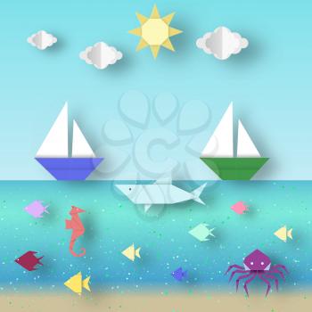 The clipart in the style of origami paper reveal landscape with animals and ships this image is a vector illustration.