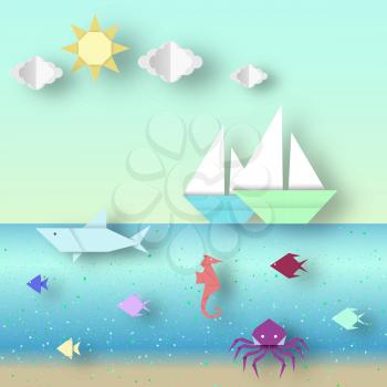 Origami landscape with animals and ships this image is a vector illustration.