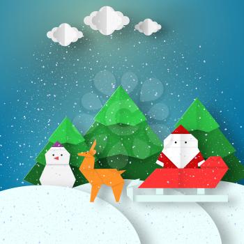 Greeting Landscape with Santa Claus and deer Christmas background paper origami style on can be used for congratulations with winter holidays this image is a vector illustration