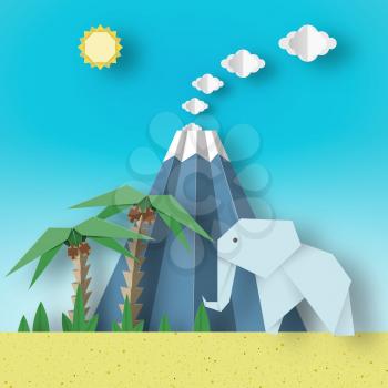 Origami Paper Concept Landscape with Elephants, Palm, Sun, Sky, Volcano. Papercut Applique Style Cutout Fashion Trend. Summer Tropical Scene with Elements, Symbols. Vector Illustrations Art Design