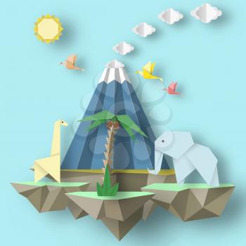 Paper Origami conceptual composition with soars islands on which there are elephant, erupting volcano, giraffe, tree. Cutout template with elements, symbols for cards. Vector Illustrations Art Design.