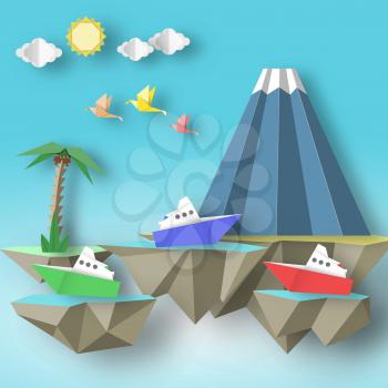 Paper Origami Abstract Concept, Applique Scene with Cut Birds, Steamship, Mountain and 3D Fly Island. Fantasy Artwork. CutOut Template with Elements, Symbols for Card. Vector Illustration Art Paper Design.