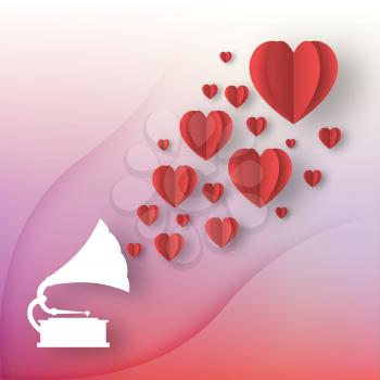 Red Hearts with White Gramophone on the Colorful Background, Stylish Paper Elements, Greeting Template for Mother, Valentine Day, Origami Elegant Objects, Vector Illustration Art Design
